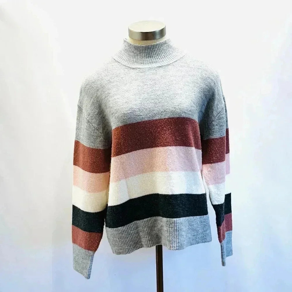 BEACHLUNCHLOUNGE Women Long Sleeve Pullover Mock Neck Striped Sweater Size Large